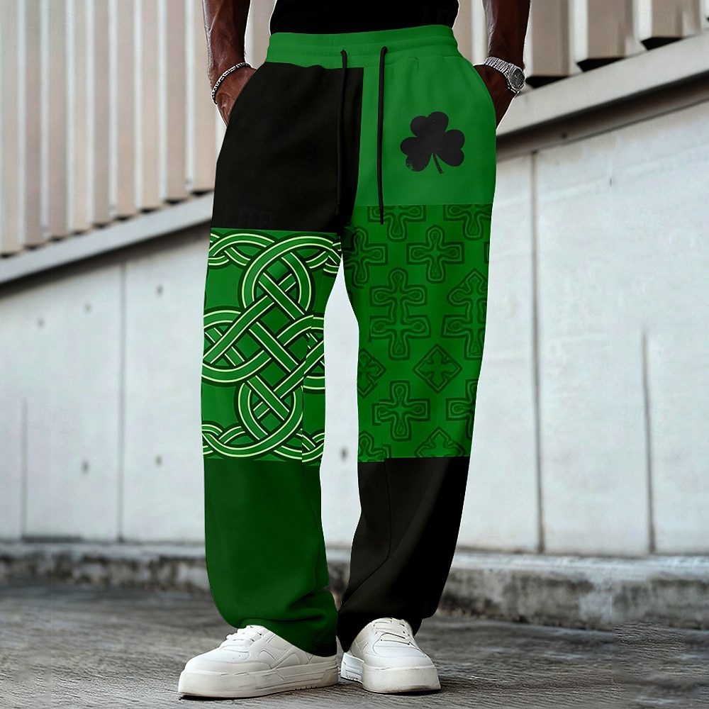 Tepláky s motivem shamrocku a keltského kříže na Den svatého Patrika pro muže casual kalhoty střední pas módní casual prázdninové elastický stahovací pas rovné nohavice s kapsami jaro podzim 3D 2026 - $24.99 –P2