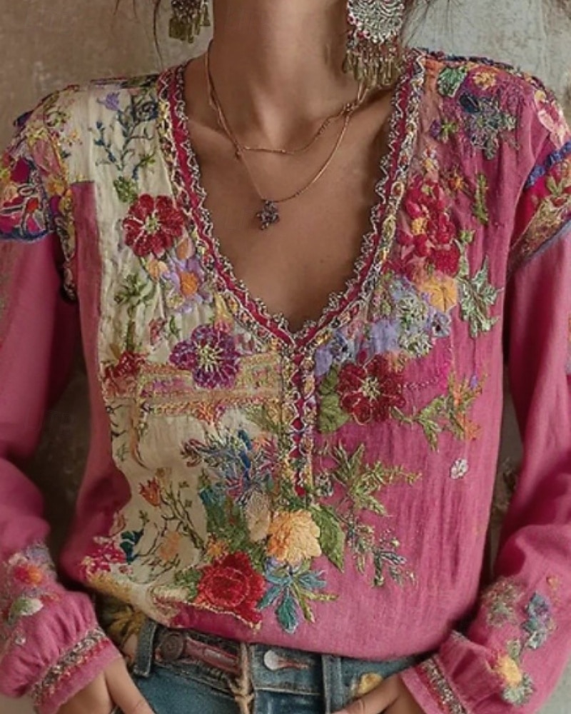 Pentru femei Cămașă Cămașă Boho Bluză Brodat Floral Grafic Boemia Epocă Stilat Manșon Lung În V Topuri obișnuite Zilnic Concediu Ieșire Roz trandafiriu Vară Primăvară 2026 - $38.99 –P1