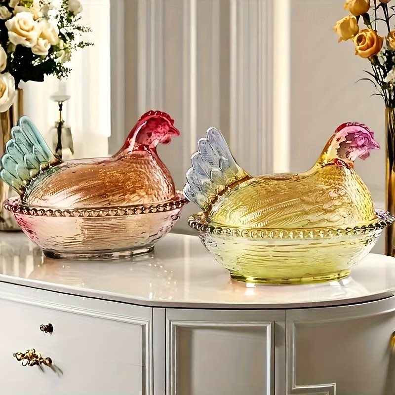 vintage lasinen kananpesäkulho kannella, suuri jalustallinen kukkokarkkikulho &kristallinen välipalapurkki, maalaistalon kananpesäpöydän sisustus, sopii välipaloille, jälkiruoalle, kekseille 2026 - $30.99 –P4