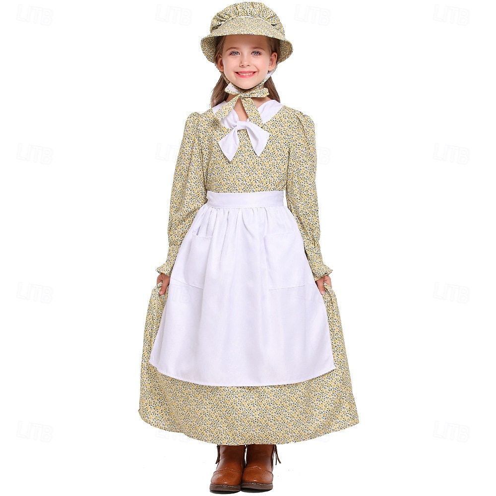 250th Anniversary USA Colonial Period 19th Century Prairie Dress Bonnet and Apron Set Long Sleeves Pioneer Girl Colonial Revolutionary War Costumes Floral Fancy Dress Girls' Halloween Carnival School 2026 - $47.99 –P2