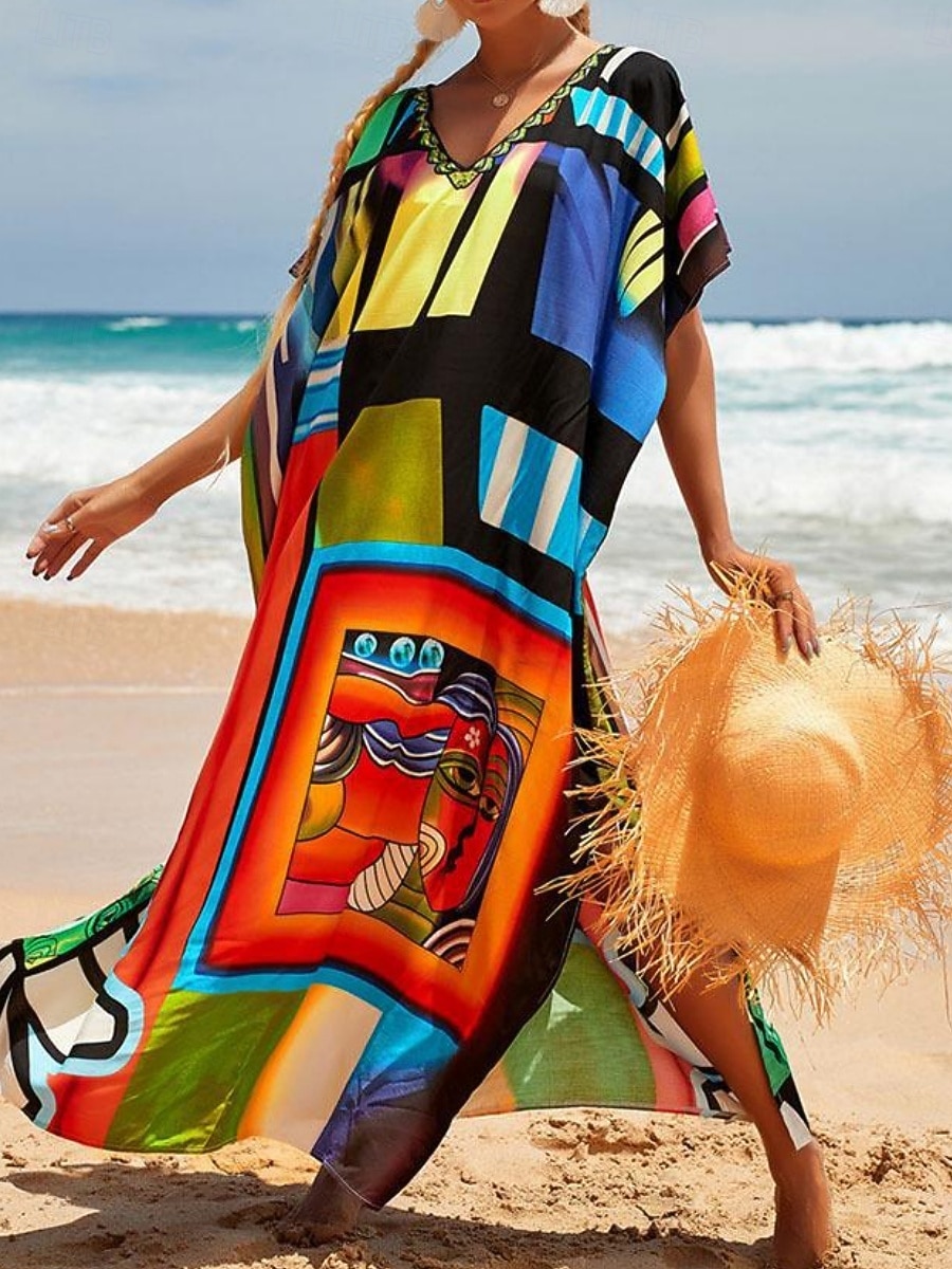 Women's Maxi Dress Beach Dress Casual Dress Boho Dress Cover Up Elegant Fashion Modern Outdoor Vacation Going out Loose Fit Abstract Half Sleeve V Neck Blue Pink Royal Blue Orange Summer Spring 2026 - $29.99 –P9
