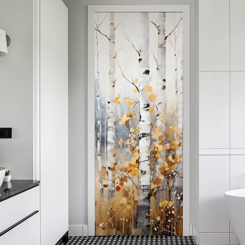Banner de bosque de abedul nórdico, paisaje natural, colgante de pared, árboles blancos, hojas doradas, arte para puerta, entrada, dormitorio, decoración del hogar 2026 - $17.99 –P1
