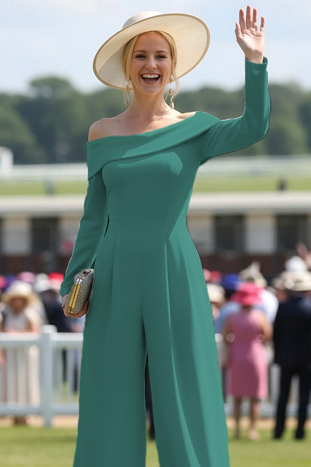 Mono Hasta el Suelo Vestido Derby Vestido de Madrina Manga Larga Hombros Caídos Elegante El derby de Kentucky con Un Color 2026 - $149.99 –P3