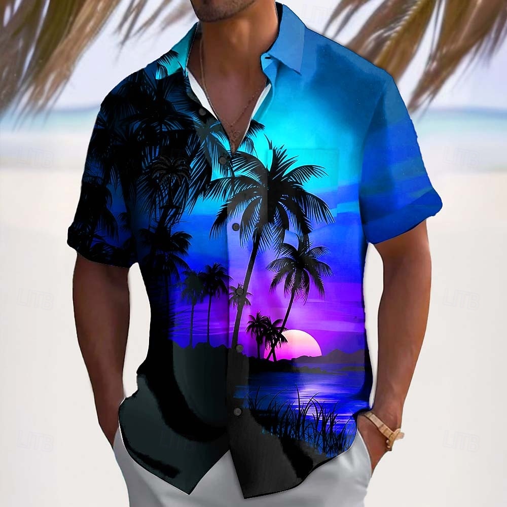 2026年 男性用 ココナッツの木 自然、風景 熱帯植物 アロハシャツ ボタンアップシャツ 半袖 ハワイアン カジュアル バケーション 夏 春 折襟 3Dプリント 襟付きシャツ フロントポケット1つ ブルー ルビーレッド パープル ダークブルー  コレクション – $25.99 –P2