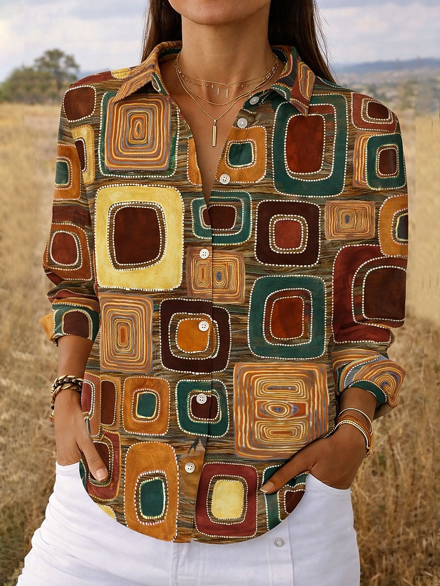 Camisa de Mujer Lino Similar Transpirable Ligera Gráfico Geométrico Elegante Vintage Tropical Manga Larga Cuello Tops Regulares Diaria Trabajo Botones Impresión Blanca Amarilla Naranja Marrón Verano 2026 - $37.99 –P2
