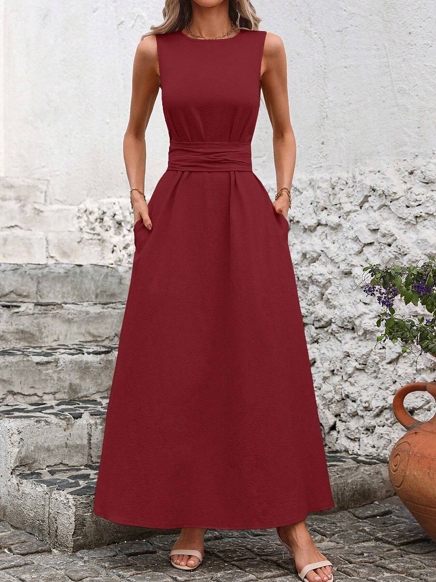 Damskie Sukienka maxi Sukienka A line Urlop Codzienny Na zewnątrz Wyjściowe Luźny / a Jednokolorowe Bez rękawów Wycięcie pod szyją Granatowy Czarny Czerwony Zielony Lato Wiosna 2026 - $31.99 –P11