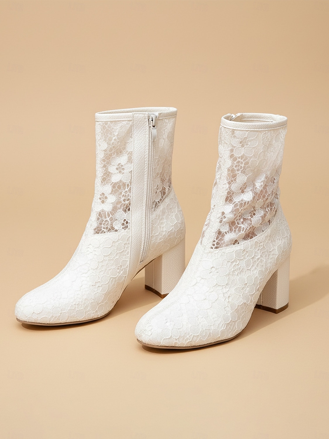 Ivoorwitte kanten enkellaarsjes met blokhak voor dames, elegante bruidslaarsjes voor een moderne stadsbruiloft 2026 - $46.99 –P5