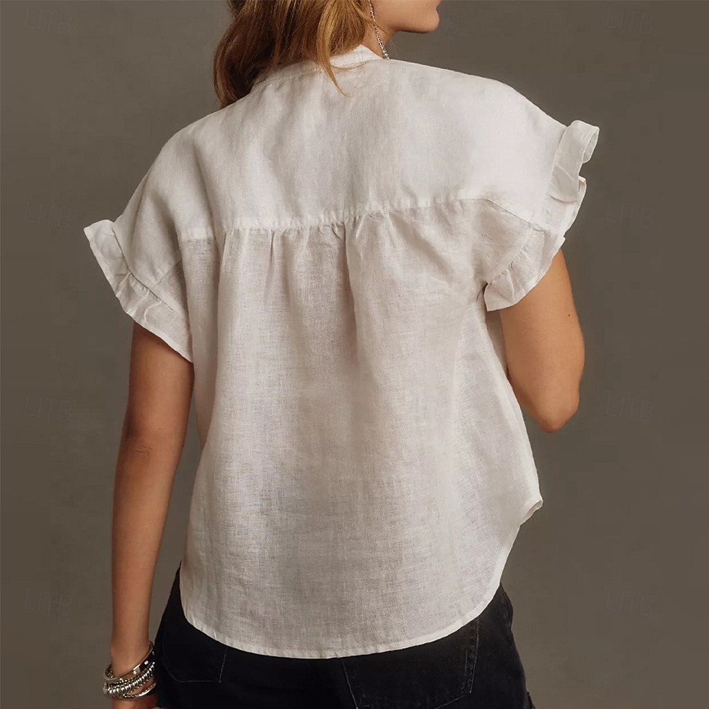 Women's Linen Like Faux Cotton Linen Shirt Casual Shirt Button Up Shirt Ruched Ruffle Buttons Solid Color Plain Daily Stylish Casual Short Sleeve Stand Collar  Holiday Beach Wear Vacation Wear 2026 - $29.99 –P2