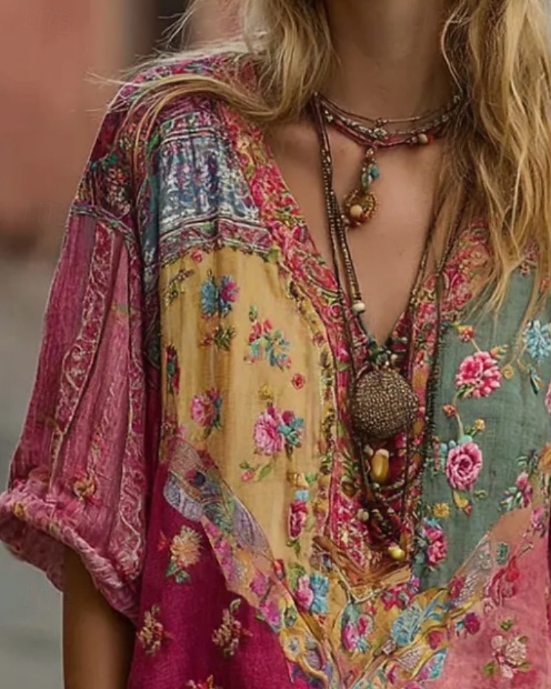 Dam Skjorta Linneskjortor i bomull Boho skjorta Blus Lappverk Mönster Blommig Grafisk bohemliv Stylish Etnisk Halvlång ärm V-hals Vanliga toppar Dagligen Helgdag Utekväll Rubinrött Sommar Vår 2026 - $38.99 –P2