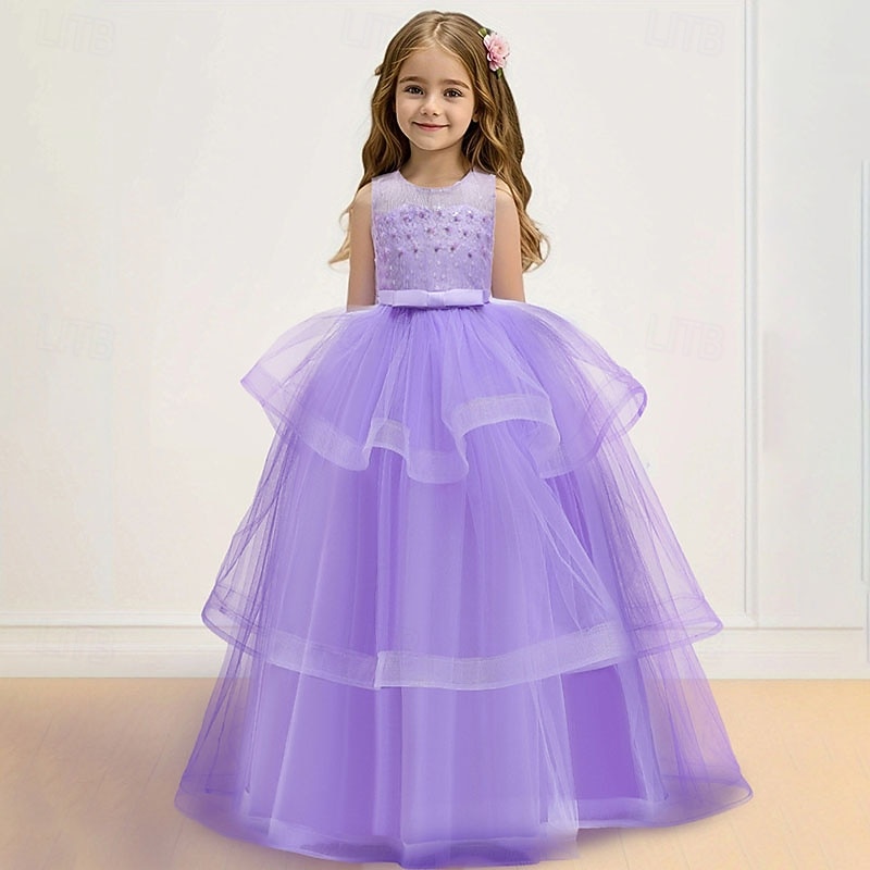 Abito da damigella d'onore bambina Ragazze Abito formale Abiti da sposa Feste Matrimonio Formale Adorabile Formale Principessa Traforato Rete Tinta unica Senza Maniche Girocollo Blu Rosa Dai 4 anni del 2026 a $48.99 –P4