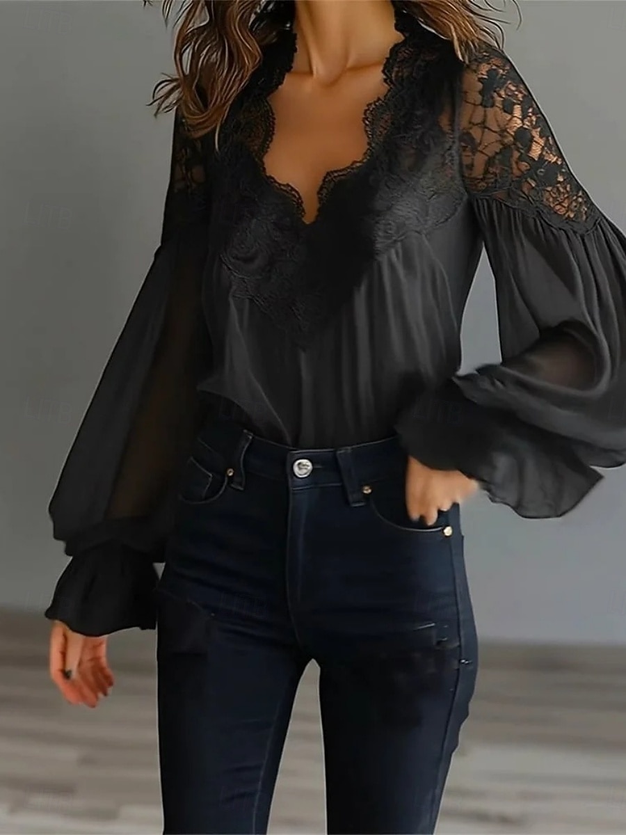 Dames Kanten overhemd Blouse Kant Lapwerk Effen Kleur Elegant Stijlvol Basic Lange mouw V-hals Normale tops Dagelijks Uitgaan Zwart Wit Zomer Lente Herfst 2026 - $36.99 –P3