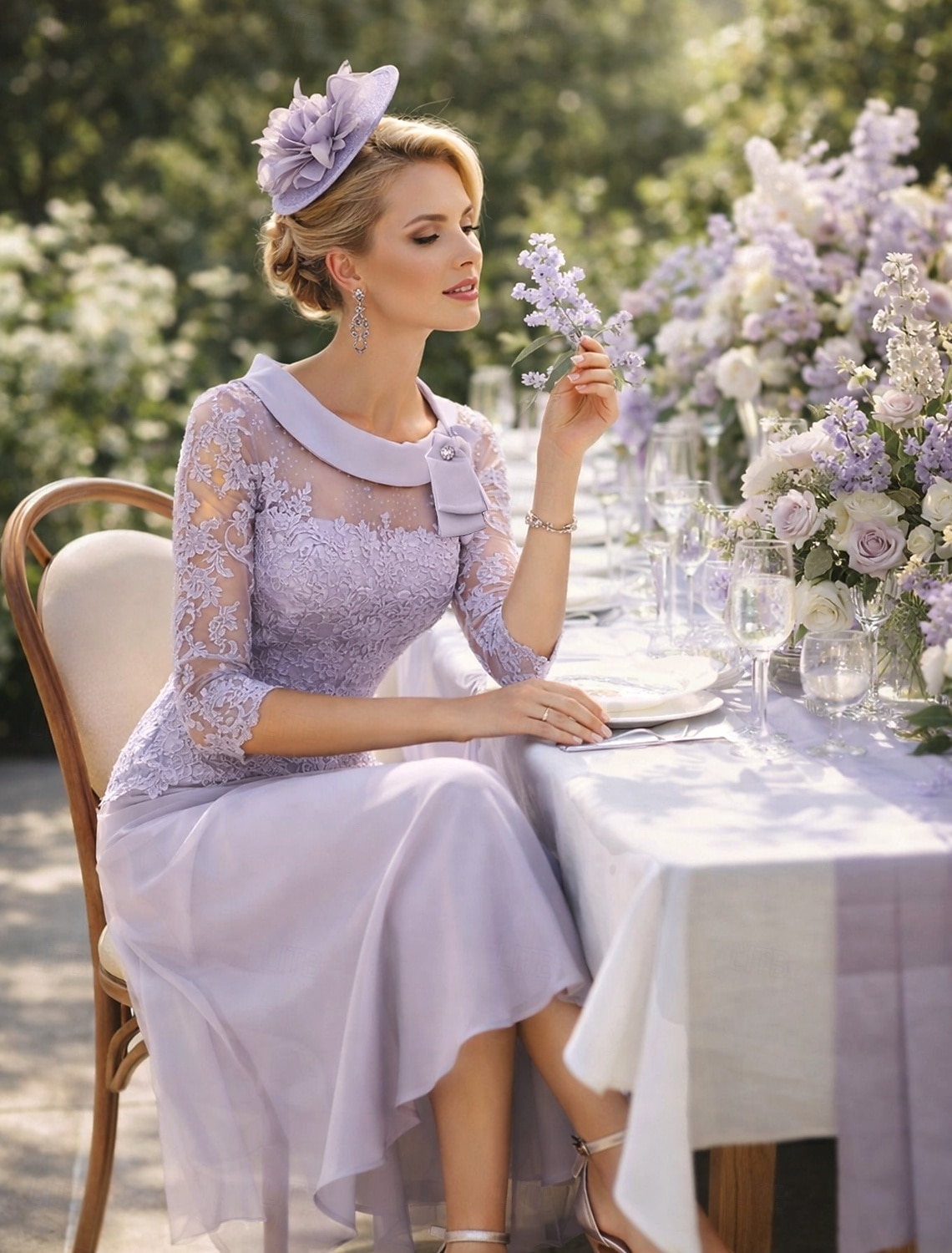 Strak kolom Over de knie Feestjurk Cocktail jurk Bruiloft gast jurk Moeder van de bruid jurk 3/4 mouw Ronde hals Feest Zoet Bruiloft gast Semi formeel Chiffon Kant met Plooien Kralen 2026 - $162.99 –P3