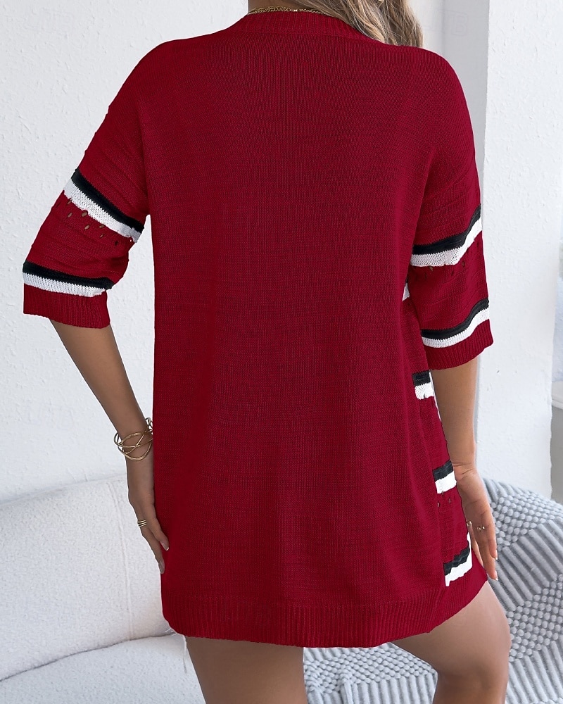 Dam Skjorta Blus Stickad Randig Stylish Klassisk Modern Halvlång ärm V-hals Vanliga toppar Dagligen Helgdag Utekväll Vin Brun Kaki Sommar Vår 2026 - $34.99 –P8