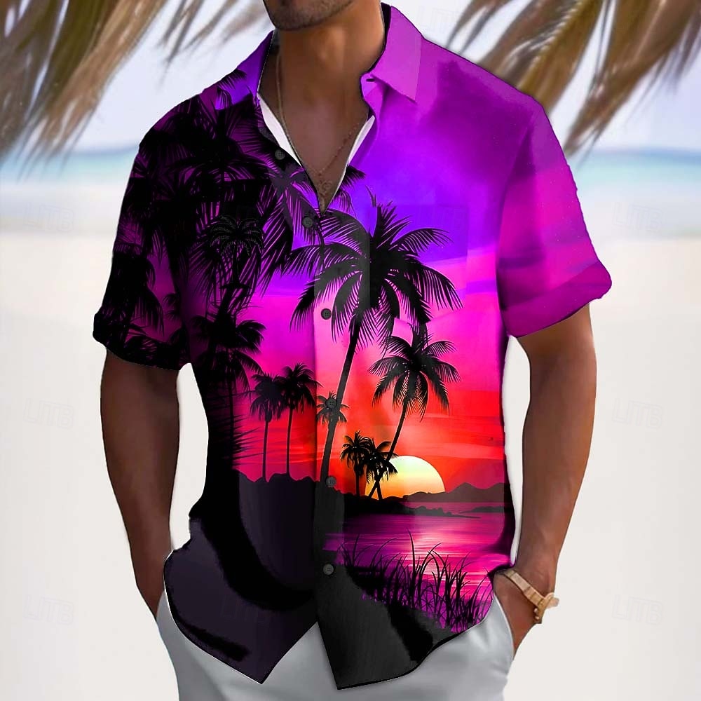 2026年 男性用 ココナッツの木 自然、風景 熱帯植物 アロハシャツ ボタンアップシャツ 半袖 ハワイアン カジュアル バケーション 夏 春 折襟 3Dプリント 襟付きシャツ フロントポケット1つ ブルー ルビーレッド パープル ダークブルー  コレクション – $25.99 –P3