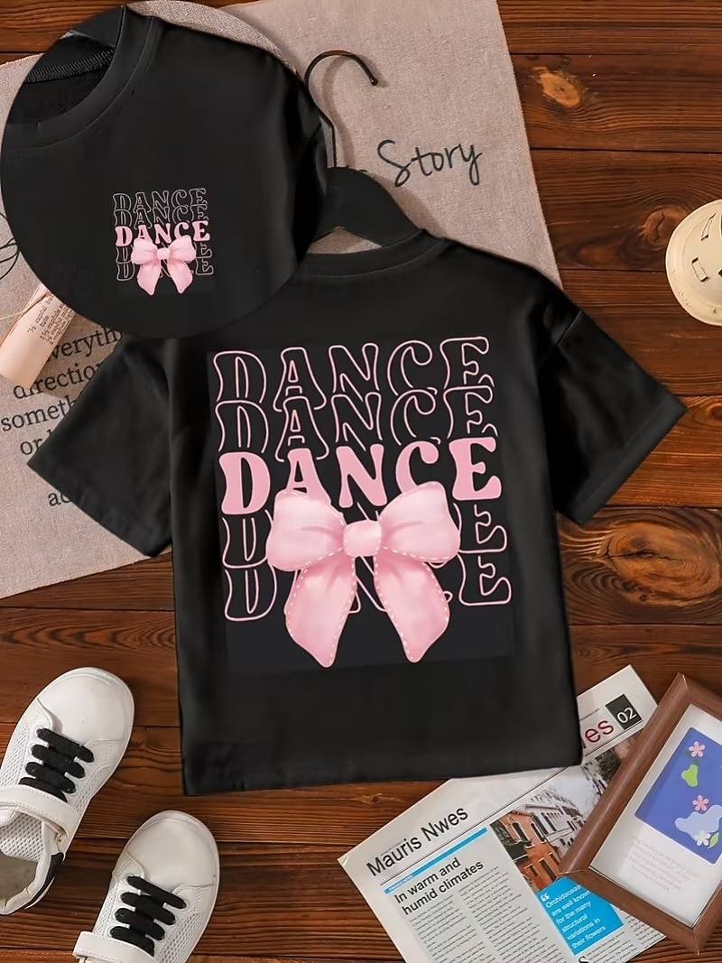 100% Baumwolle Kinder Mädchen Schwarz Grafik Schleife T-Shirt Rundhalsausschnitt Kurzarm Urlaub Sport & Outdoor Alltagskleidung Sport Mode Lässig Drucken Sommer Frühling 2026 - $14.99 –P3
