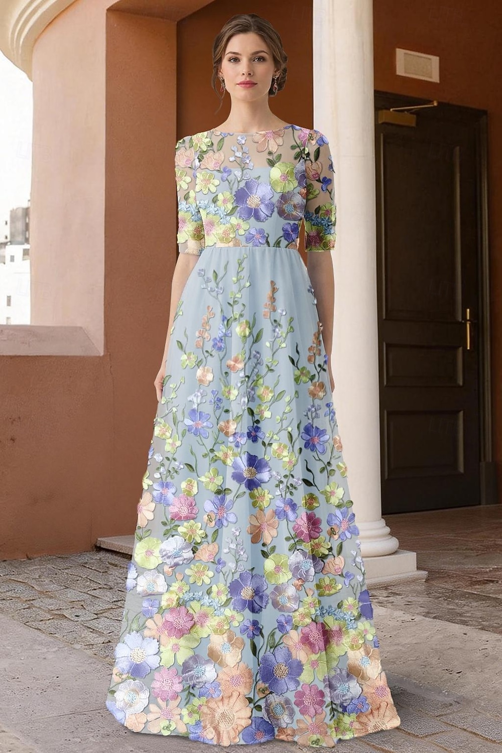 A-linje Kjoler Gulvlengde Festkjole Cocktail Kjole Gjestekjole til bryllup Kjole til brudens mor Halvlange ermer Crew-hals Illusjon Hals Elegant Årgang Formell Blonder Tyll med 3D-blomster Broderi 2026 - $178.99 –P1