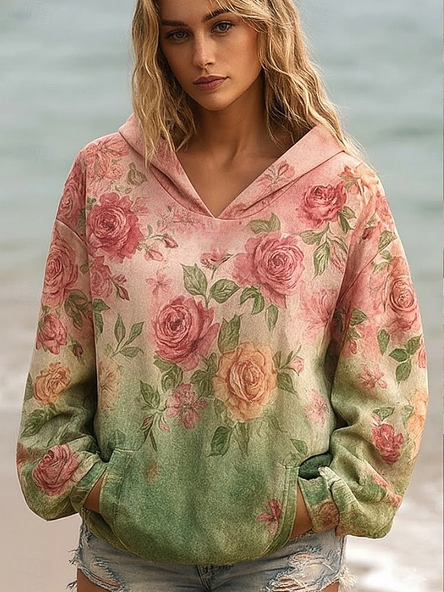 Dámská 3D tisková vintage boho mikina patchwork s květinovým pulovrem ležérní dlouhý rukáv mikina s kapucí každodenní nošení přední kapsa travně světle růžová fialová zelená jaro podzim zima 2026 - $16.99 –P4