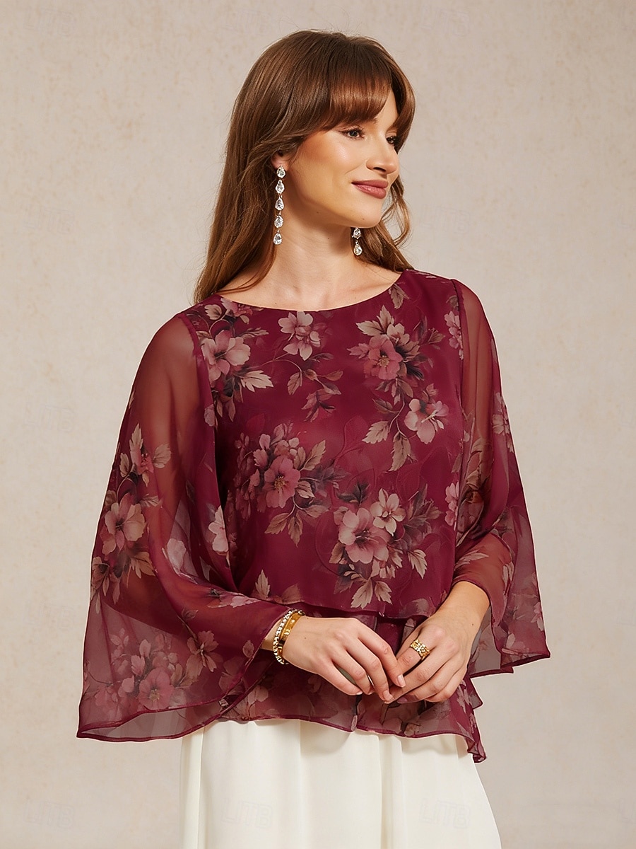 Femmes Chemisier Hauts en mousseline de soie À lacets Fleuri Élégant Manche 3/4 Manche cloche Col ras du cou Hauts Réguliers Quotidien robe demoiselle d honneur Fête Vin Été Printemps Automne de 2026 ? $59.99 –P4