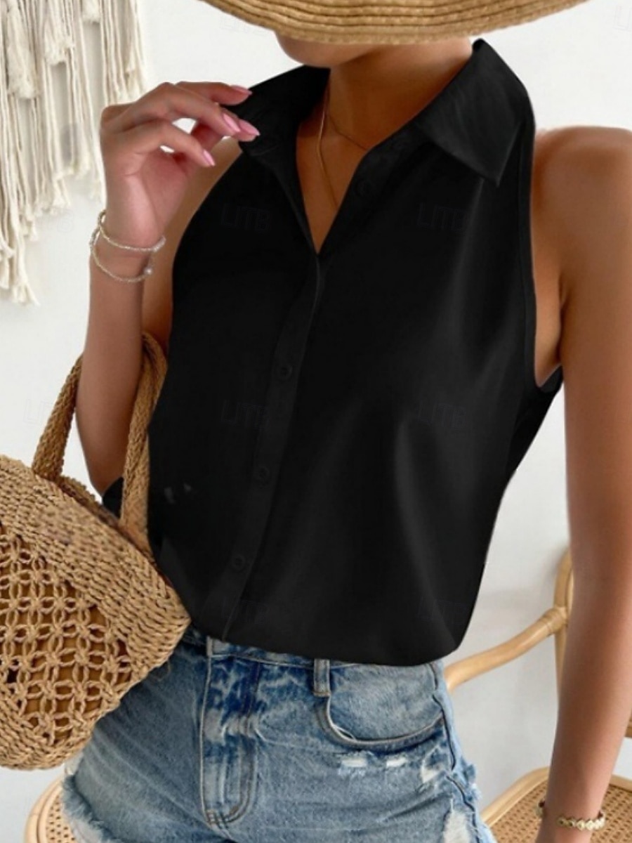 Dames Satijnen overhemd Kampshirt Met ruches Effen Kleur Elegant Stijlvol Casual Mouwloos Overhemdkraag Normale tops Dagelijks Zwart Wit Paars Oranje Beige Zomer Lente 2026 - $22.99 –P3