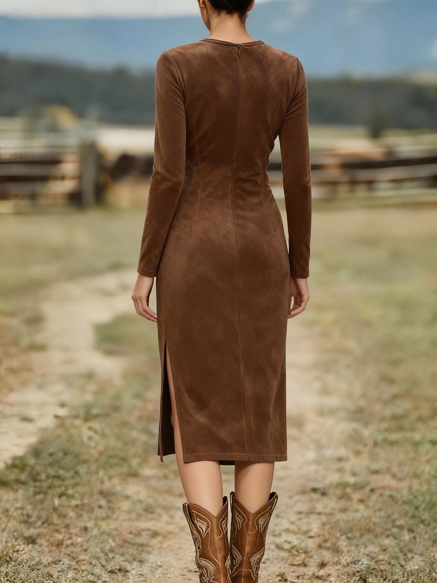 Damen Midikleid Langes Kleid Maxikleid Vintage-Kleid Kleid aus Wildlederimitat Vintage Mode Täglich Outdoor Urlaub Normale Passform Einfach Langarm Rundhalsausschnitt Schwarz Braun Aprikose Sommer 2026 - $34.99 –P3