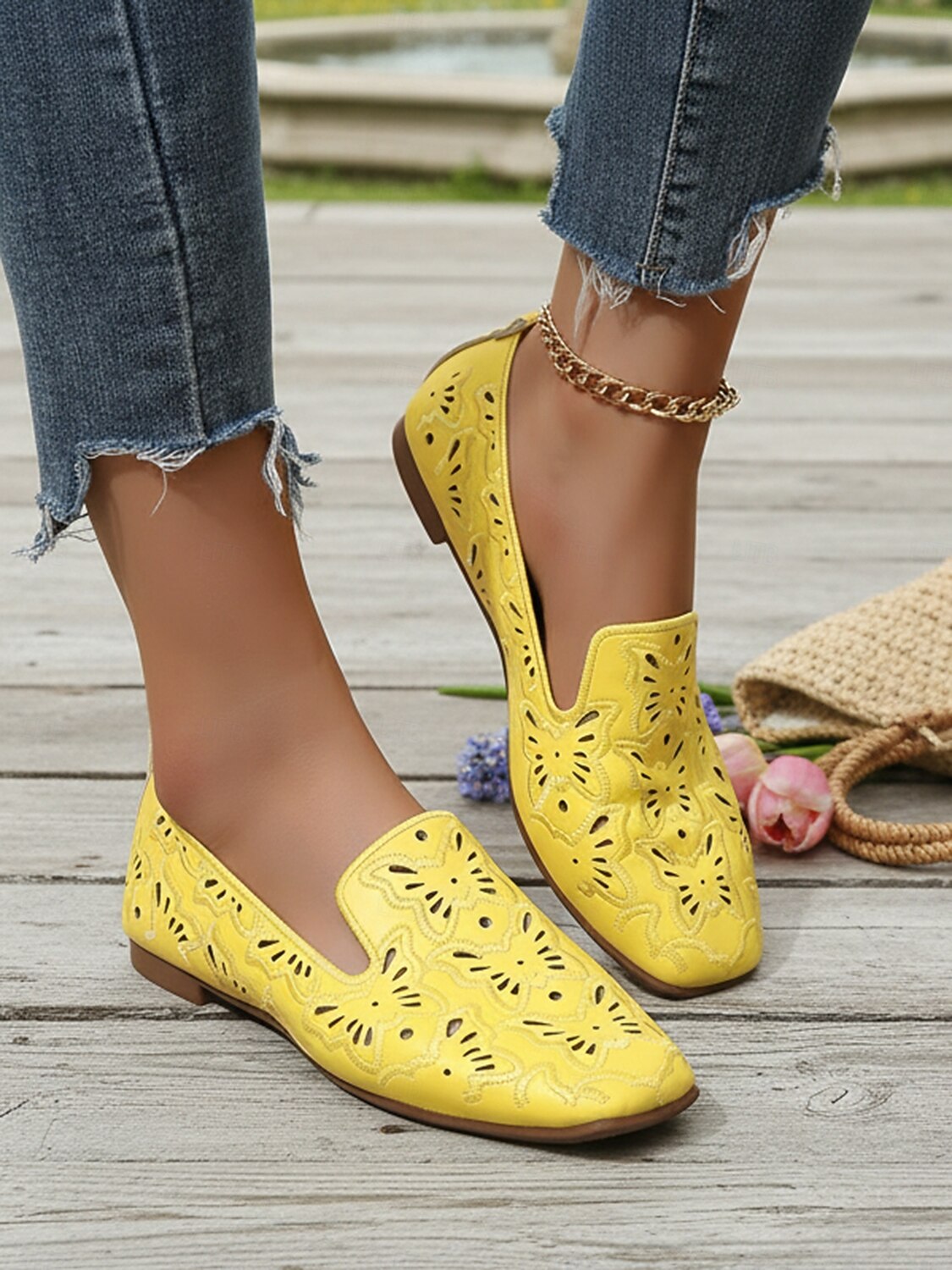 Dámské žluté ploché boty s výřezem – prodyšný perforovaný design, mokasíny ve vintage stylu na jaro a léto, na chůzi, cestování, volný čas a každodenní outfity 2026 - $26.99 –P3