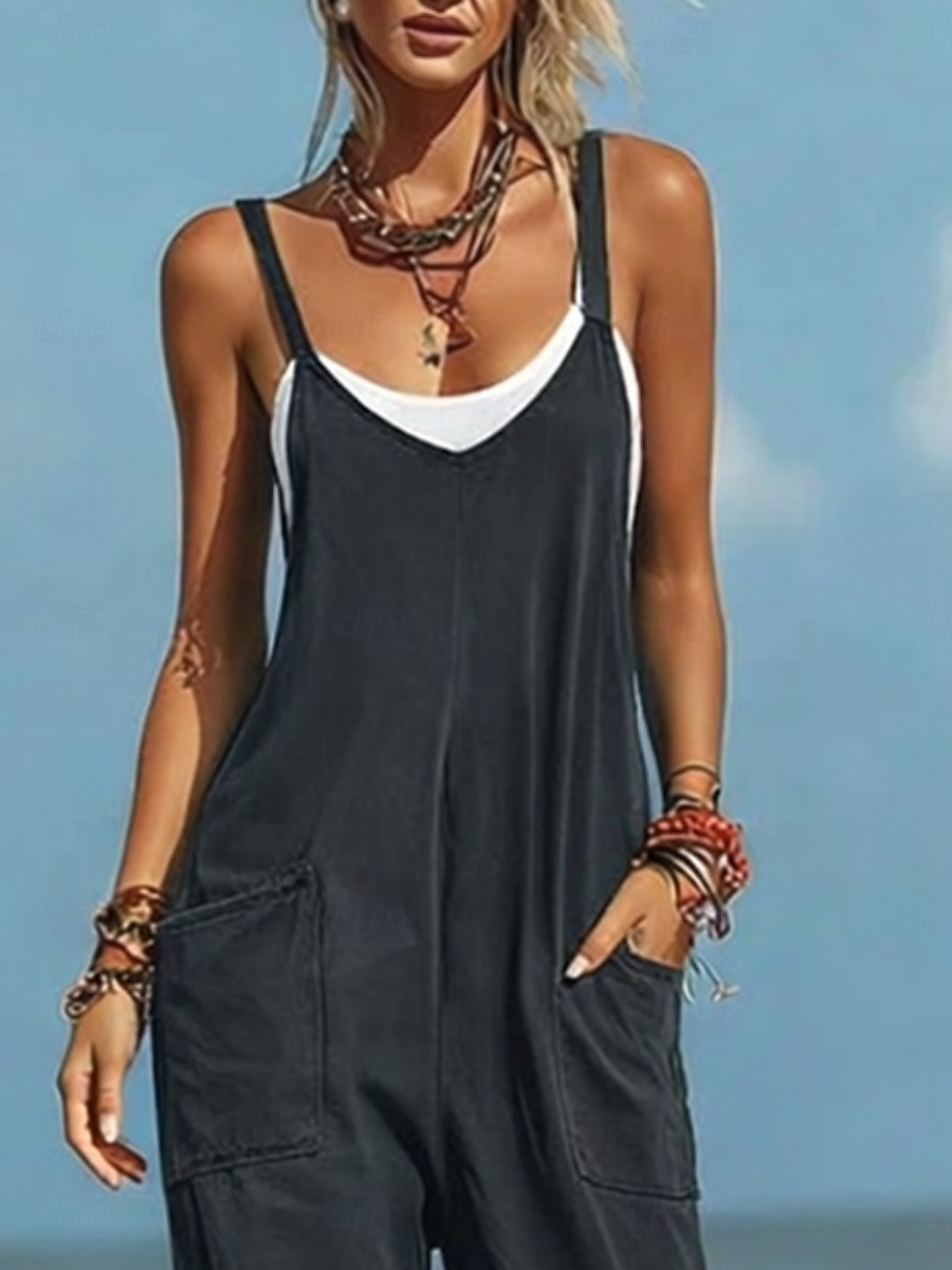 2026年 女性用 標準 ジャンプスーツ 活発的 純色 ノースリーブ Ｖネック ポケット 日常 ビーチ ルーズフィット ブラック ワイン パープル 夏  コレクション – $25.99 –P3