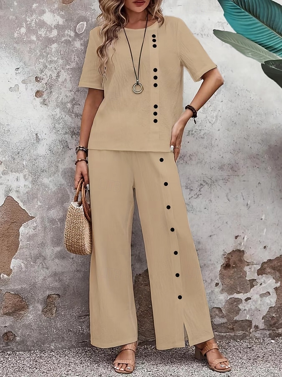 Women's Pants Sets Bolero Faux Cotton Linen Short Sleeve Crew Neck Solid Color Fashion Streetwear Casual Daily Outdoor Blue White Khaki Summer Regular Fit 2026 - $48.99 –P7