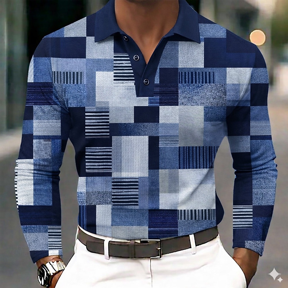 Men's Color Block Geometic Waffle Polo Shirts Long Sleeve Polo Shirts Collared Shirts Business Casual Business Wear to work Daily Wear Buttons Spring Fall Blue Black Navy Blue 2026 - $28.99 –P2