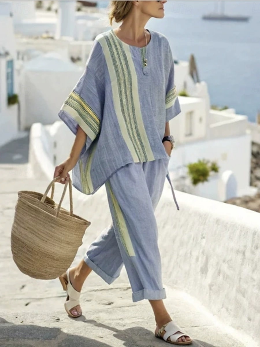 Women's Linen-feel Set Pants Sets Bolero 3/4 Length Sleeve Crew Neck Striped Fashion Streetwear Casual Daily Outdoor Blue Black White Summer Loose Fit 2026 - $41.99 –P4