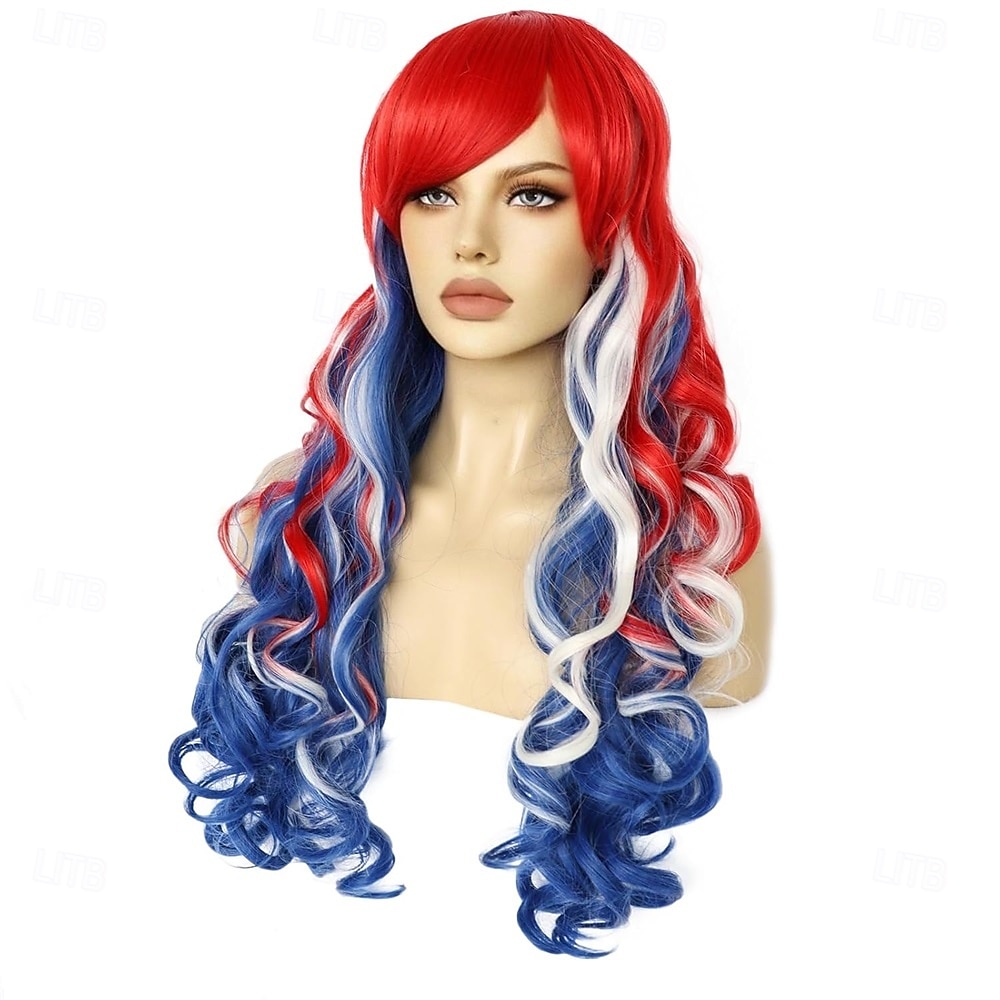 Peruca Fantasia do 4 de Julho Peruca Cacheada Vermelha Branca e Azul Para Fantasia de Festa Mulheres Peruca Patriótica para Eleições de 2026 por $28.99 –P2