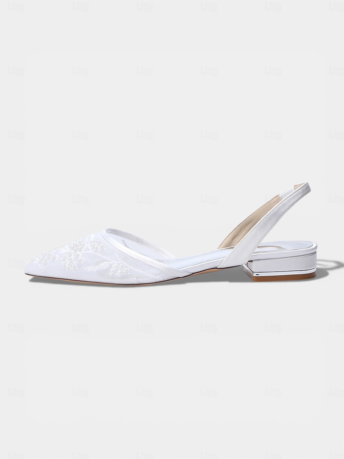 damskie granatowe, siateczkowe, płaskie buty typu slingback, zdobione perłami, ze spiczastym noskiem, dla druhen na wesela w ogrodzie 2026 - $59.99 –P6