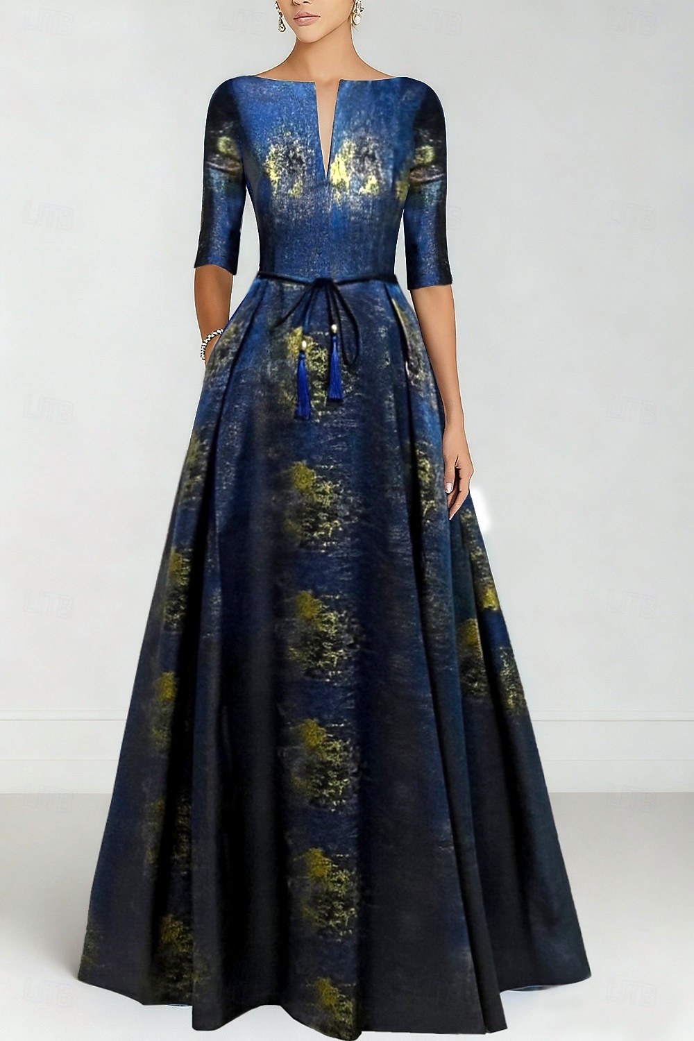 Blue Jacquard Brocade A-Line Evening Gown Elegant Formal Dress Formal Wedding Floor Length Short Sleeve V Neck Nylon with Slit Pocket 2026 - $206.99 –P1
