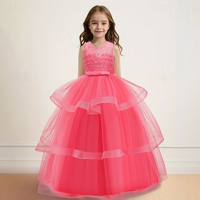 Abito da damigella d'onore bambina Ragazze Abito formale Abiti da sposa Feste Matrimonio Formale Adorabile Formale Principessa Traforato Rete Tinta unica Senza Maniche Girocollo Blu Rosa Dai 4 anni del 2026 a $48.99 –P1