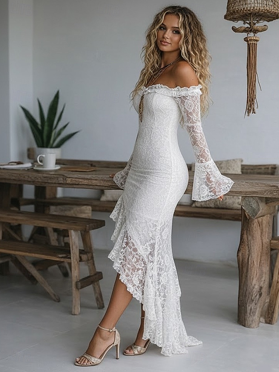 Per donna Abito maxi Tubino Elegante Festa cocktail All'aperto Feste Matrimonio Pizzo Volant Patchwork Vestibilità regolare Tinta unica Manica Lunga Senza Spalle Nero Bianco Rosso del 2026 a $43.99 –P4