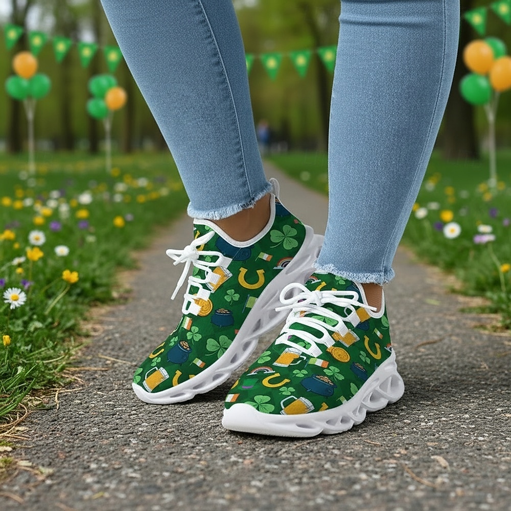 Damsneakers med shamrocktryck och St. Patrick's Day-motiv – lätta och vadderade promenadskor för vardagskläder, parader, utomhusaktiviteter och högtidsfiranden 2026 - $42.99 –P3