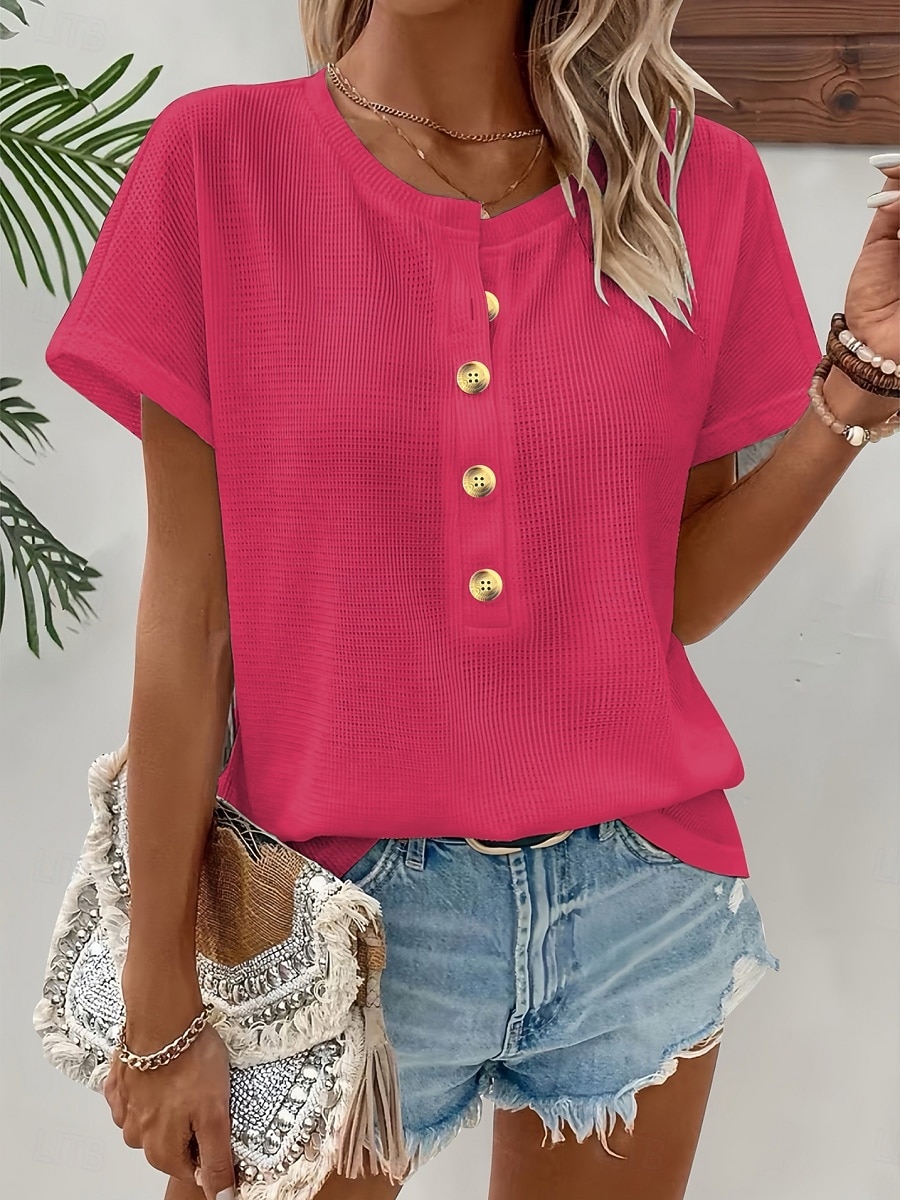 Women's T Shirt Tee Top Buttons Plain Fashion Stylish Classic Short Sleeve Crew Neck Regular Tops Daily Going out Weekend Blue Black Red Summer Spring 2026 - $24.99 –P6