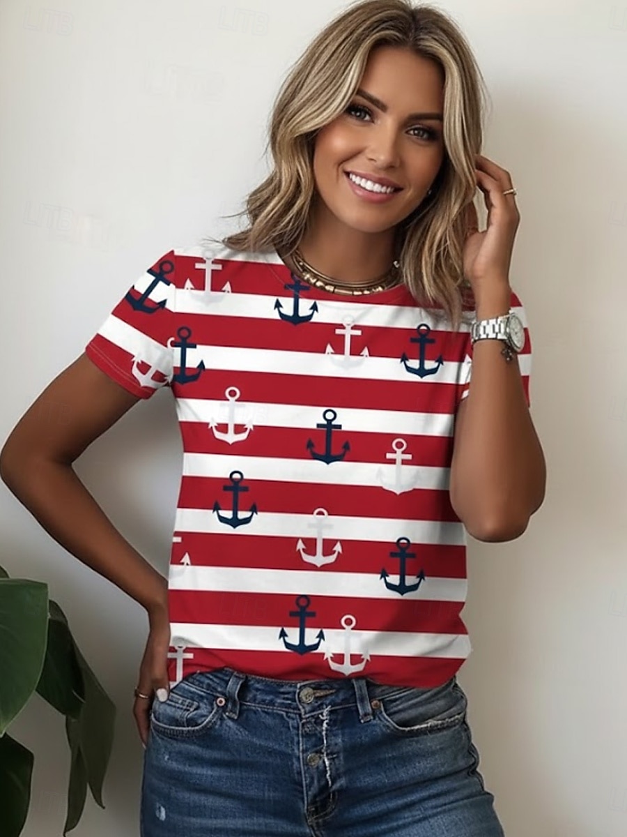 La Saint-Valentin Femmes T-shirt Imprimé Fleuri Occasionnel Manche Courte Col rond Hauts Réguliers Quotidien Bleu Blanche Vin bleu marine Bleu Poudré Été de 2026 ? $22.99 –P3
