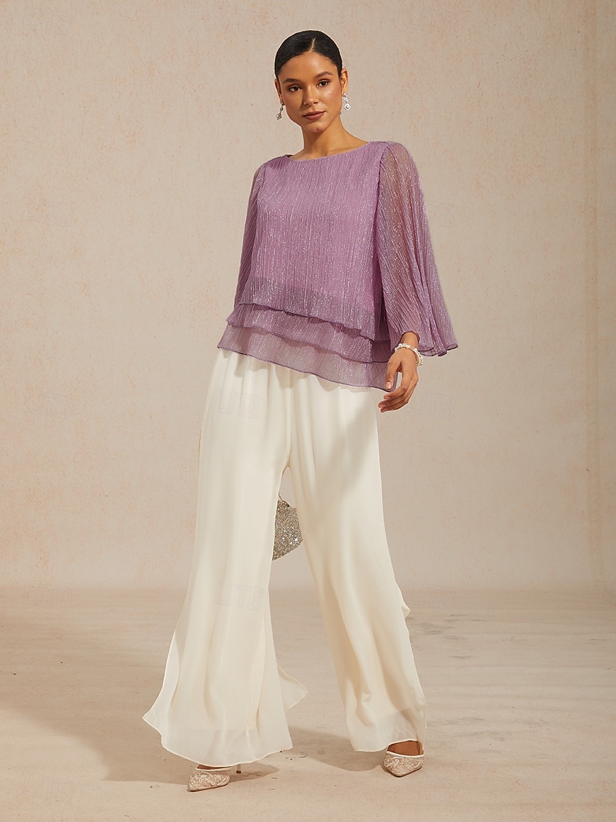 Women's Blouse Chiffon Tops Pleated Layered Metallic Elegant 3/4 Length Sleeve Bell Sleeve Crew Neck Daily Wedding Guest Light Purple Summer Spring Fall 2026 - $59.99 –P9