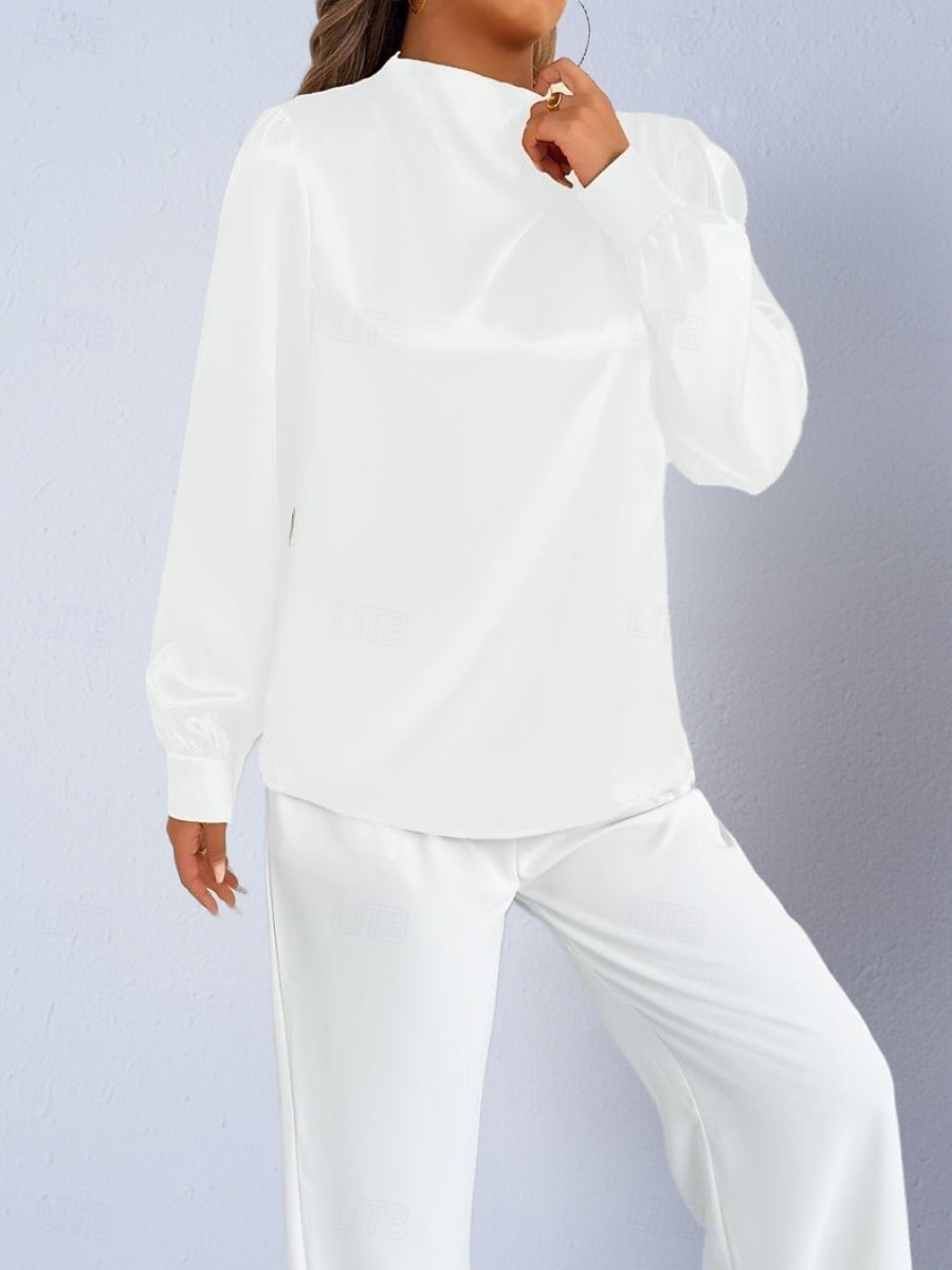Dames Overhemd Satijnen overhemd Normaal shirt Met ruches Effen Stijlvol Basic Klassiek Lange mouw Hoge nek Normale tops Dagelijks Feestdagen Uitgaan Zwart Wit Wijn Rood Lente Herfst 2026 - $22.99 –P12