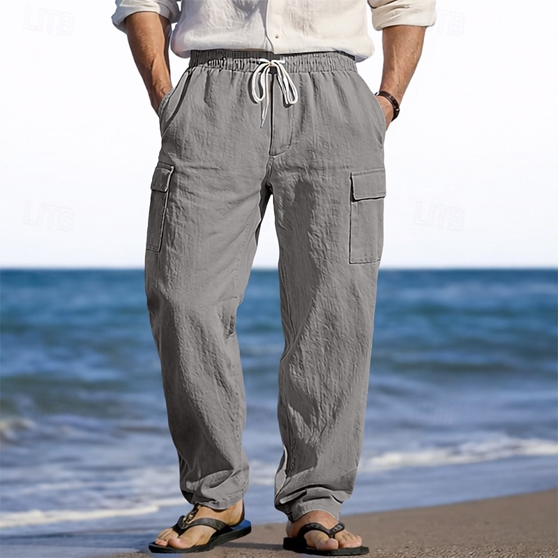 Herr Linne Byxor Långbyxor Sommarbyxor Strandbyxor Snörning Elastisk midja Flera fickor Slät Lättvikt Andningsfunktion Fullängd Ledigt Dagligen Helgdag Semester Mode 다크 카키 Svart Microelastisk 2026 - $25.99 –P12
