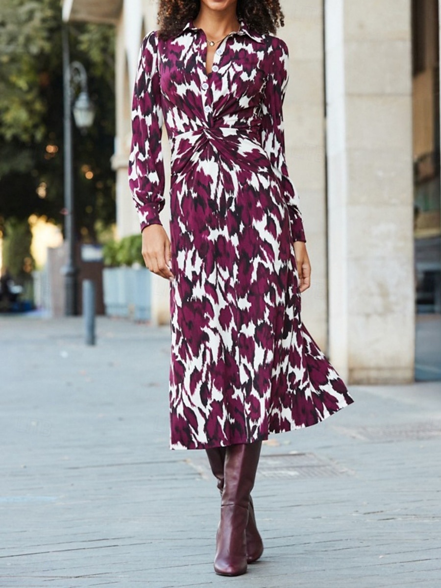 Per donna Abito Midi Abito Camicia Abito Floreale Abito Stampato Moda Moderno Quotidiano All'aperto Ferie Vestibilità comoda Floreale Manica Lunga Colletto a Camicia Vino Blu marino Viola Primavera del 2026 a $25.99 –P12