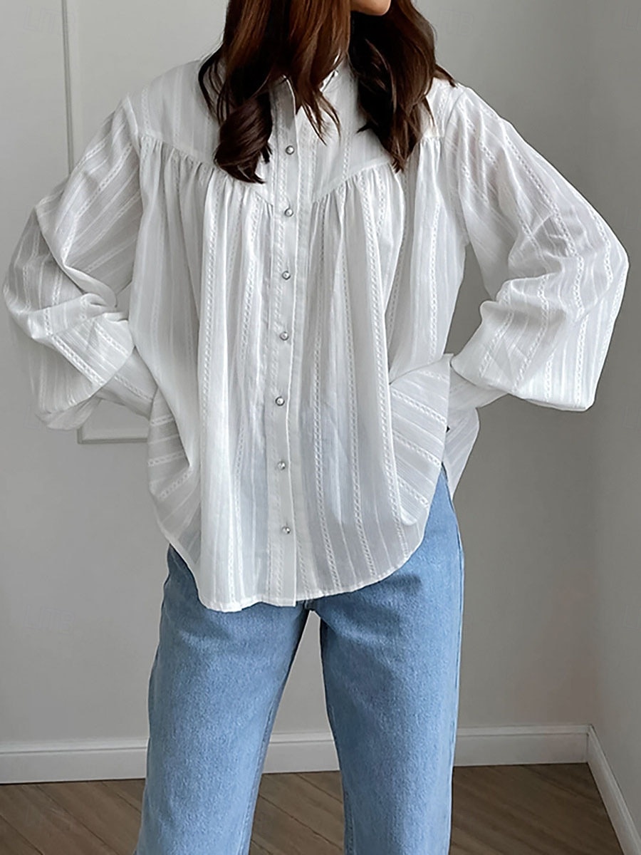 Damen Hemd Sommeroberteile Bluse Kunstbaumwollleinen Gerafft Patchwork Knöpfe Einfach Elegant Damen Klassisch Langarm Puffärmel Hoher Ausschnitt Normale Oberteile Täglich Arbeit Ferien Weiß Sommer 2026 - $48.99 –P2