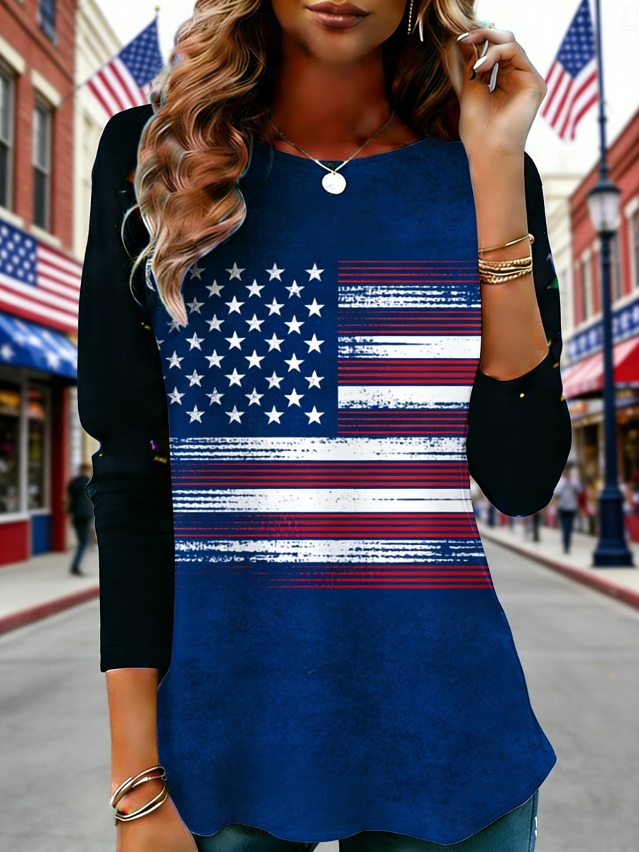 Damskie Podkoszulek Koszulka Nadruk Graficzny Flaga Ameryki Moda Elegancki Klasyczny Długi rękaw Półgolf Zwykłe topy Codzienny Weekend Ubrania wakacyjne Niebieski Wiosna Jesień 2026 - $19.99 –P1
