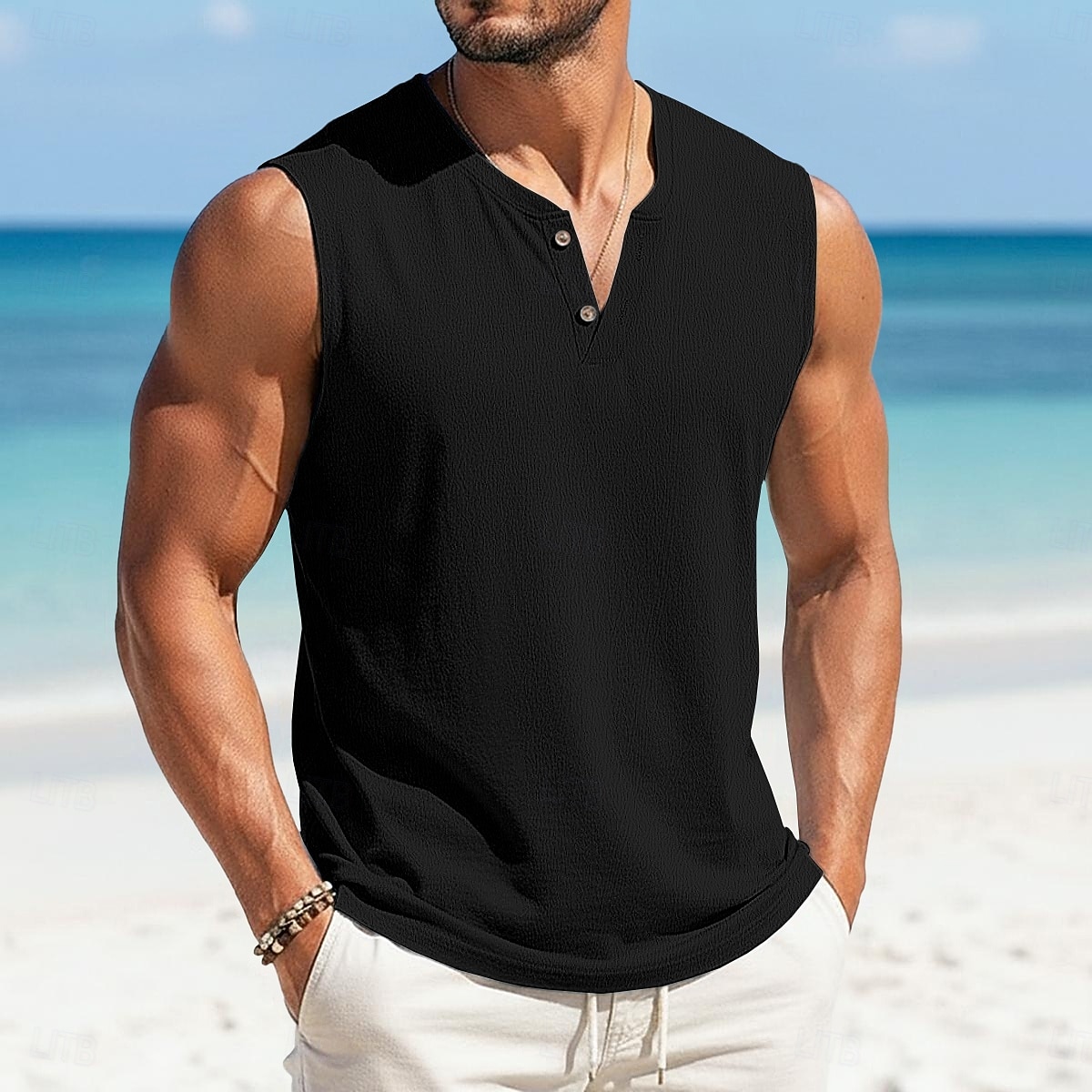 Voor heren T-shirt Linnenachtig T-shirt Mouwloos Korte mouw V-hals Henley Zomer Effen Met Textuur Modieus Klassiek Casual Puur Casual Straat Sport Wit Top T-shirt voor mannen 2026 - $17.99 –P6