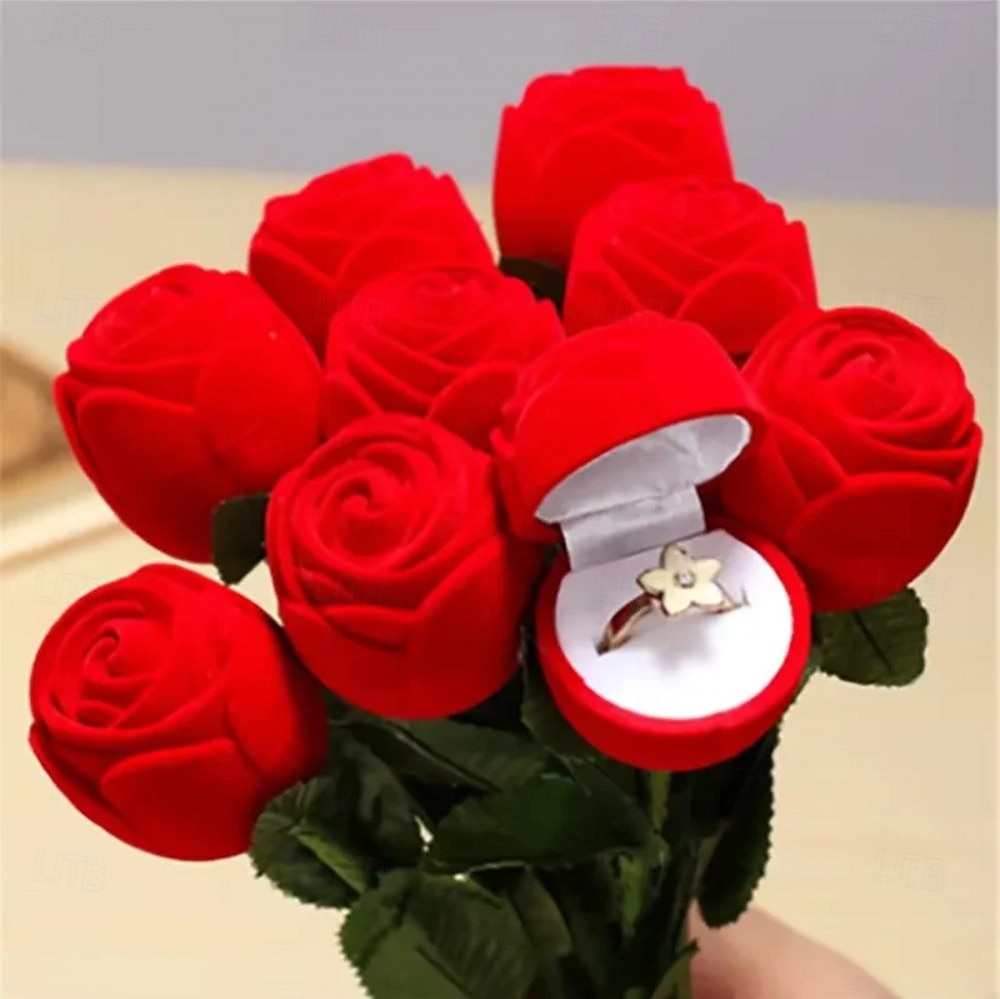 1PC Flocked Rose Ring Box Long Root Rose Creative Red Rose Flower Ring Display Box Proposal Engagement Anniversary Romantic Gift Box Wedding Jewelry Display Storage 2026 - $9.99 –P1