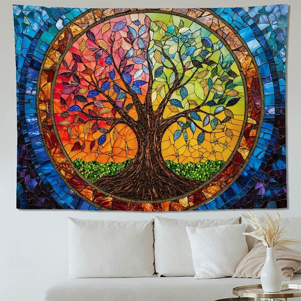 Wandteppich mit Lebensbaum-Motiv aus Buntglas im Mosaikstil, farbenfrohe und lebendige Kunst, Heimdekoration für Wohnzimmer und Schlafzimmer, großes Stoffposter 2026 - $20.99 –P3