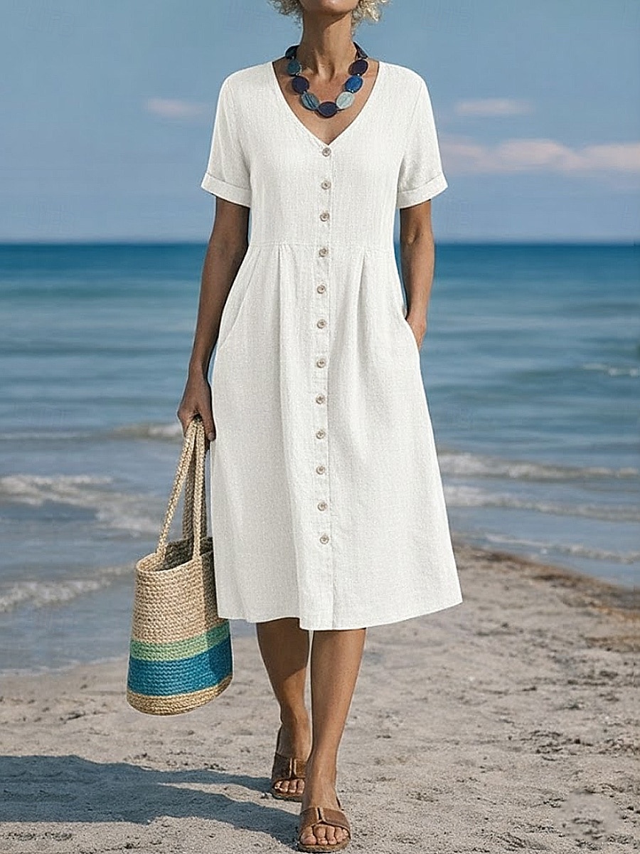 Damskie Sukienka midi Sztuczna bawełna len Sukienka A line Codzienny Codzienny Regularny Równina Krótki rękaw W serek Niebieski Czarny Biały Wino Lato Wiosna 2026 - $31.99 –P8