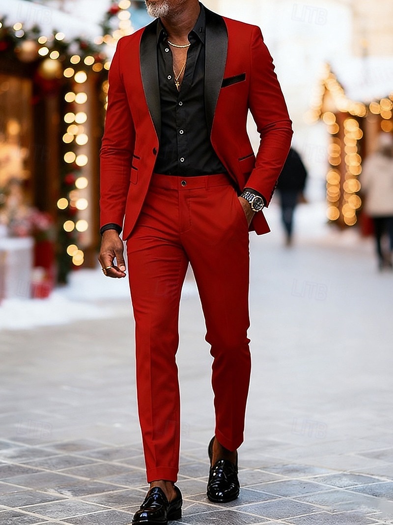 Men's Blazer+Dress Pants Suits Business Cocktail Party Wedding Party Fashion Casual Spring Fall Polyester Plain Pocket Buttons Comfortable Single Breasted Blazer Black Red Burgundy Green 2026 - $93.99 –P3