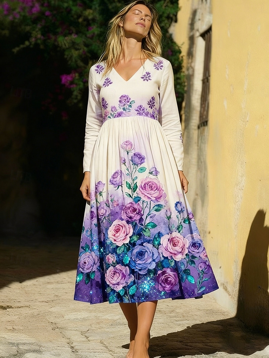 Per donna Abito Midi Abito Boho Vestito Casual Moda Quotidiano All'aperto Vacanza Vestibilità regolare Floreale Manica Lunga Scollo a V Viola Estate Primavera Autunno del 2026 a $41.99 –P3