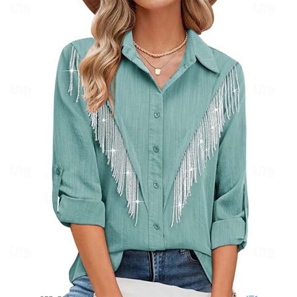 Damen Kleidhemd Knopfhemd Bluse Glitzer Knöpfe Strass Elegant Stilvoll Klassisch Langarm Umlegekragen Normale Oberteile Täglich Ferien Ausgehen Blau Schwarz Hellgrün Rosa Wein Sommer Frühling 2026 - $26.99 –P3